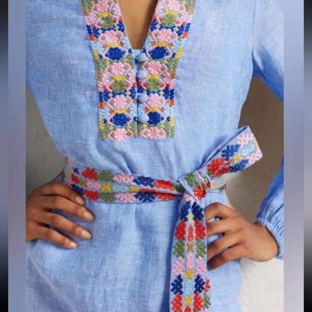 BODEN 100% LINEN MIDI DRESS KAFTAN EMBROIDERED BELT